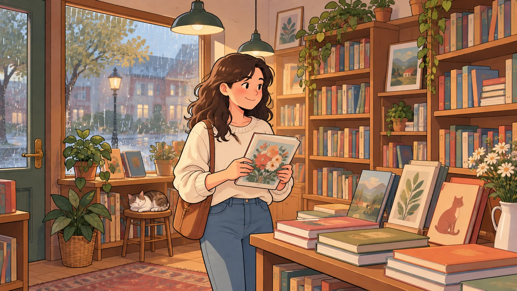A woman picks up a flower-covered picture book in a warm bookshop while rain falls outside.