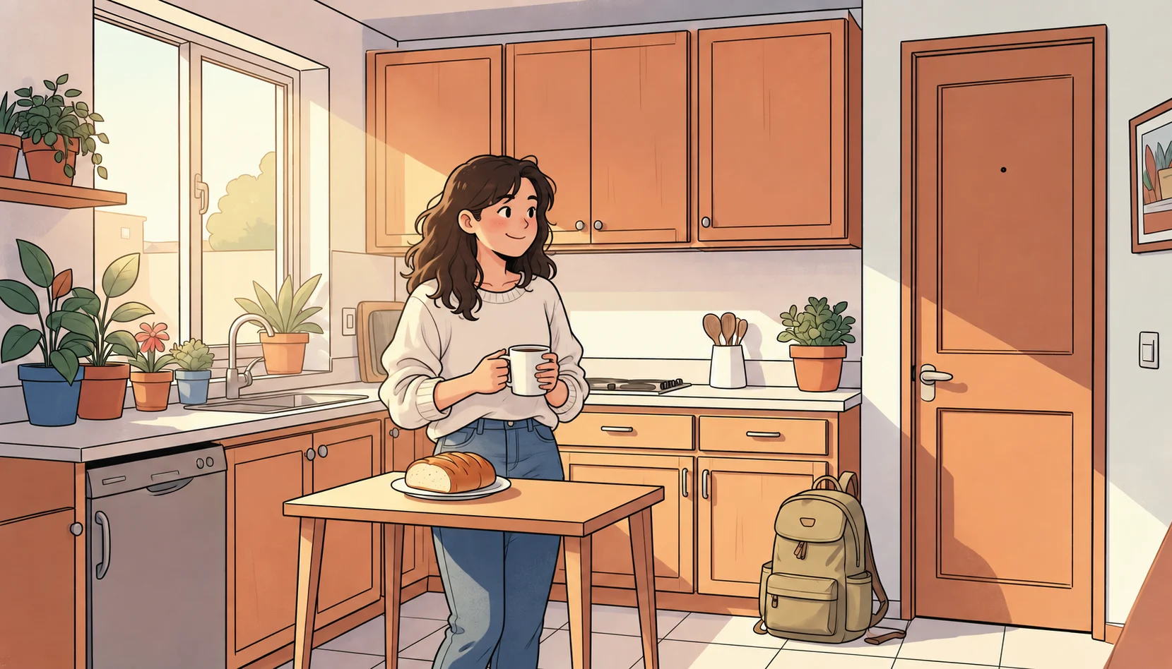 A woman holds a cup of coffee beside a kitchen table with sweet bread and a backpack, ready to leave for the day.