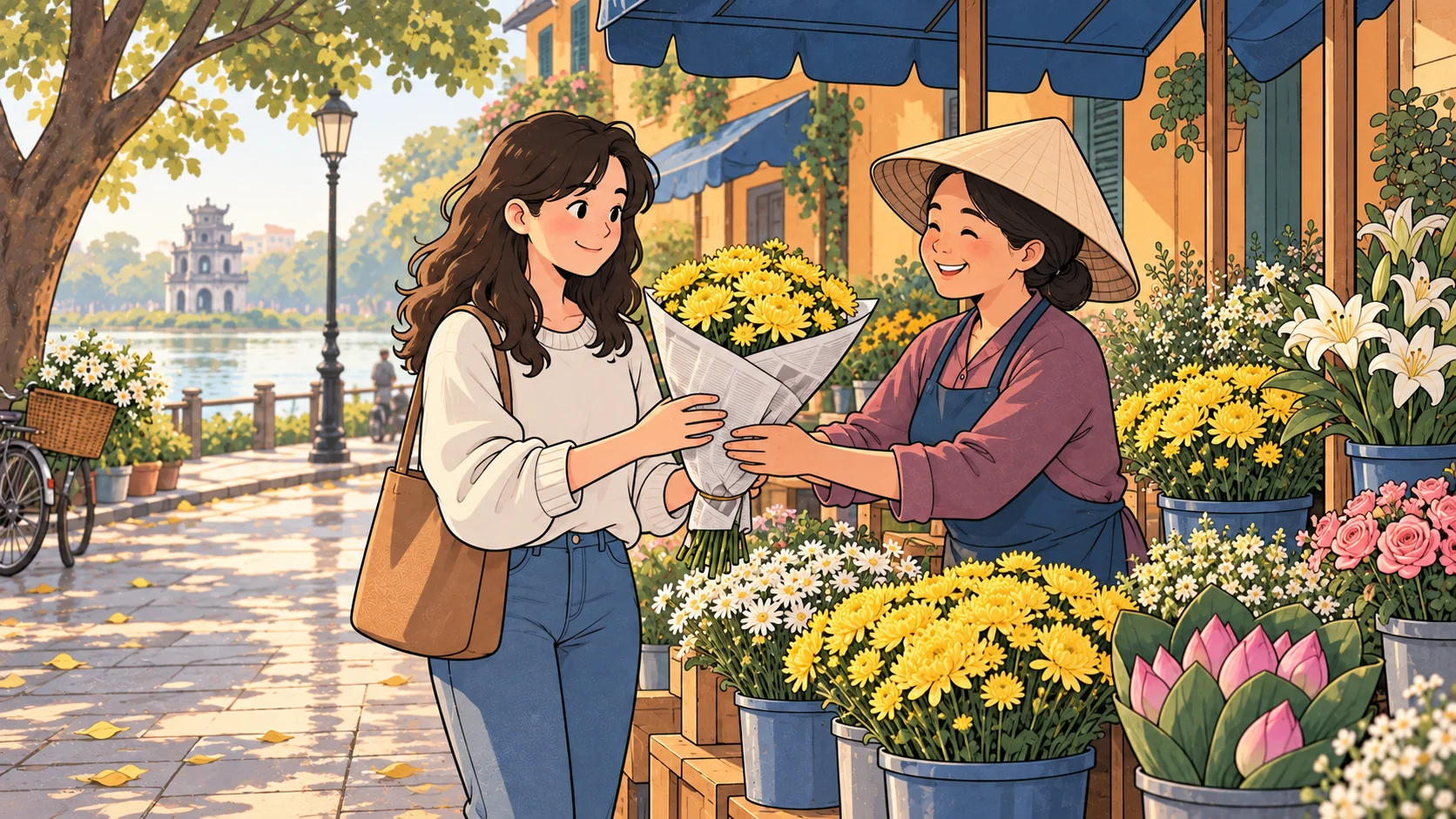 A customer receives a bouquet of yellow chrysanthemums from a flower seller at an outdoor market after the rain.