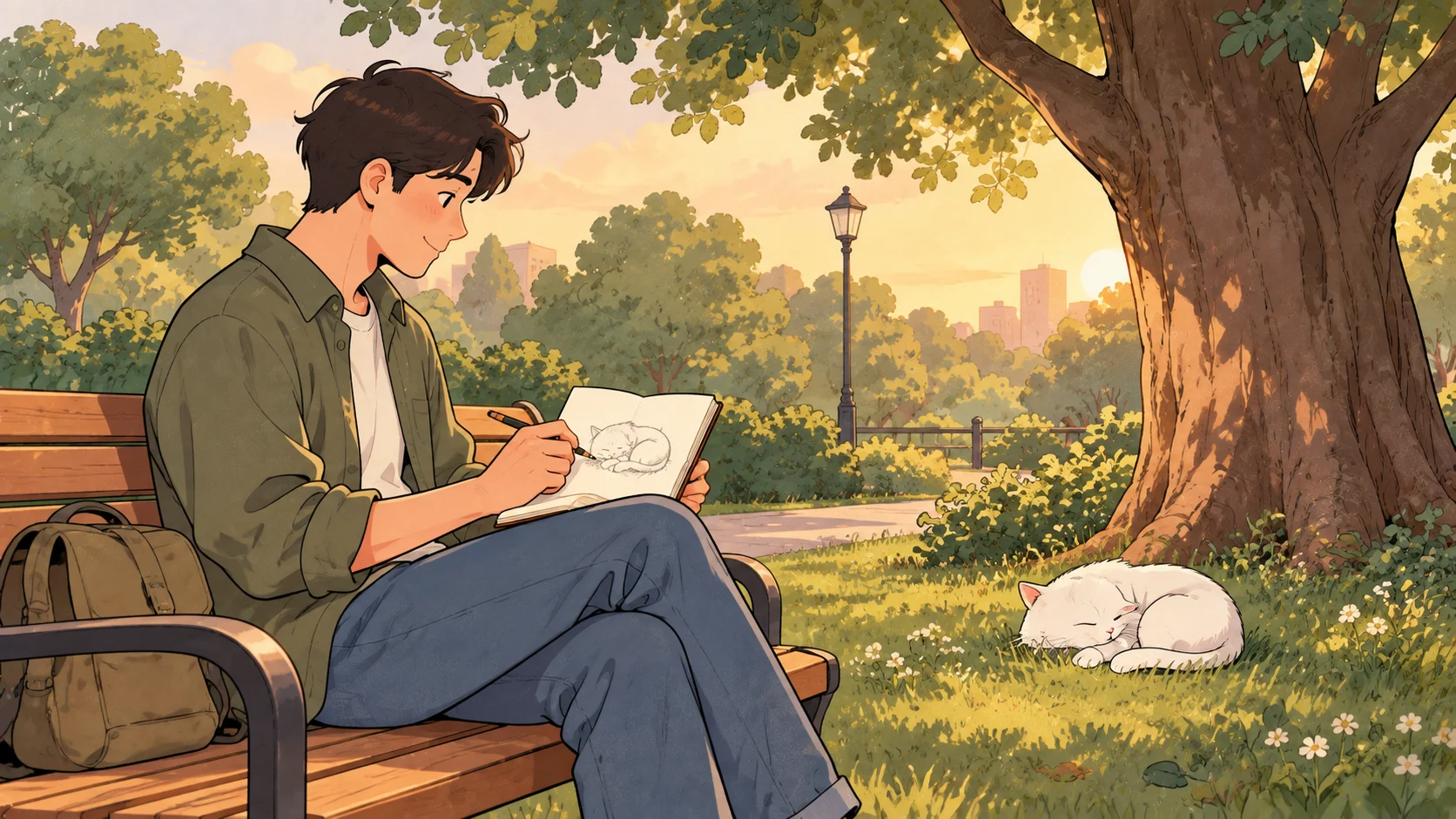 A young man sketches a sleeping white cat under a tree in a sunlit park.